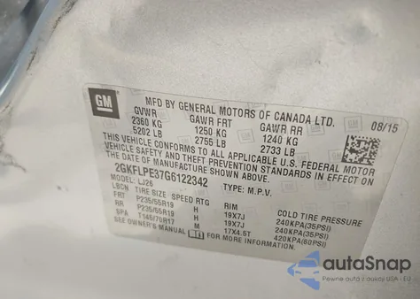 2016 GMC Terrain Slt z USA, uszkodzony, nr VIN 2GKFLPE37G6122342